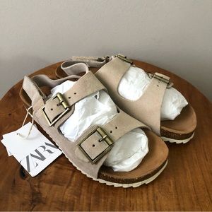 NEW! ZARA Neutral Leather Sandals •  Big Kid Sz 2.5